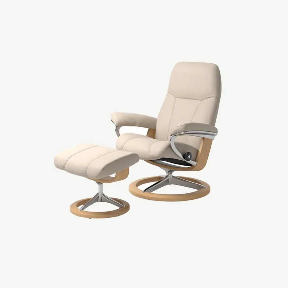 Stressless Consul Medium Signature Chair and Stool - Cream, Leather product