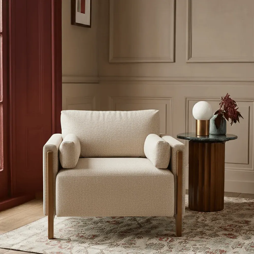 Audrey Exposed Wood Frame Armchair - Ecru, Textured Weave image