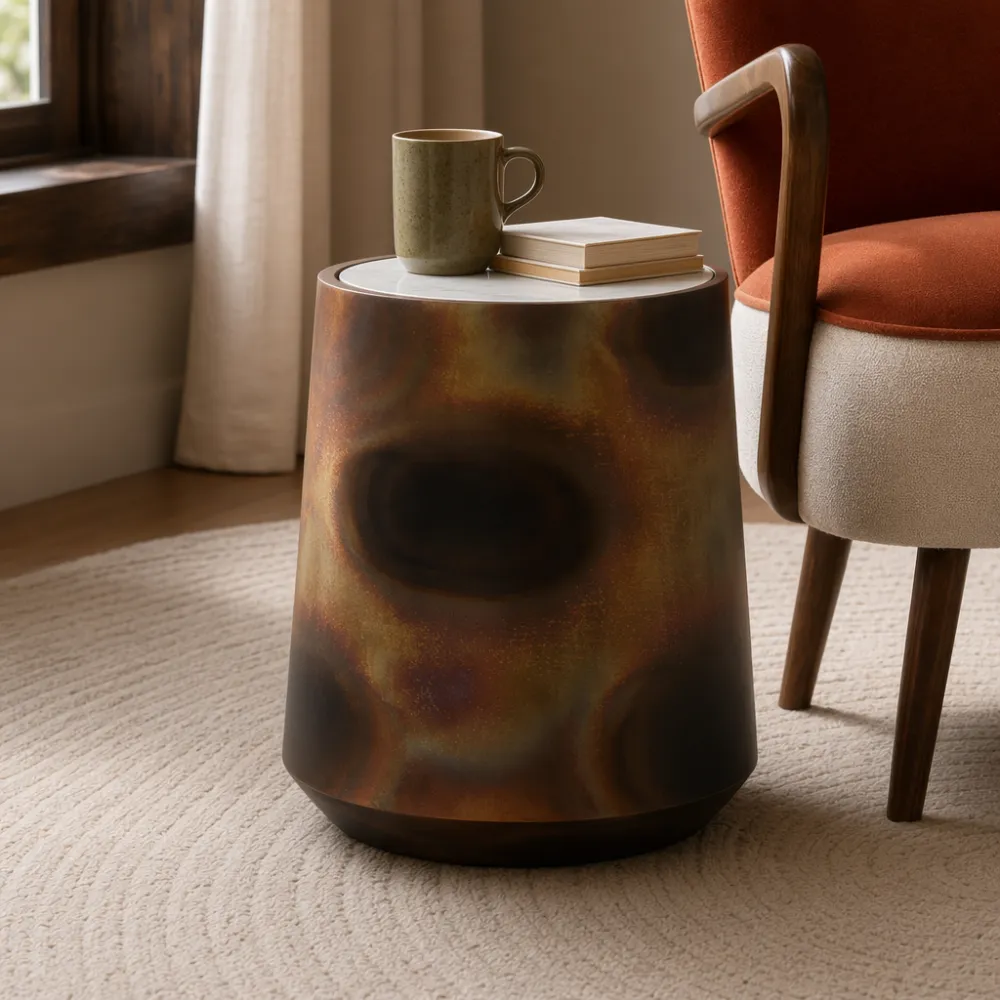 Burnished Copper Side Table with Marble Top - White product