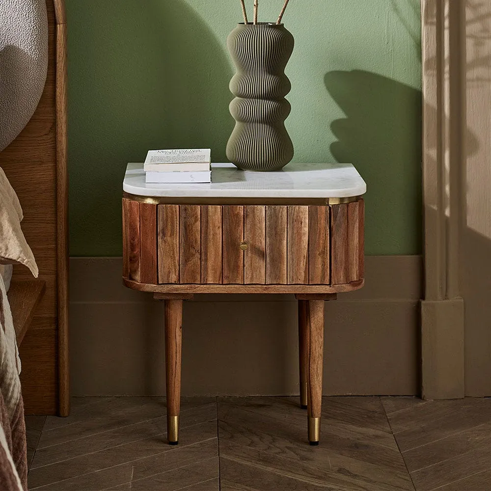 Flute Marble Bedside Drawer - Acacia, Marble image