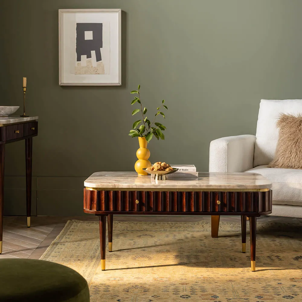 Flute Marble Coffee Table with Storage - Grey, Solid Wood image