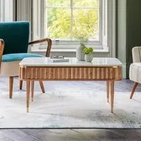 Flute Marble Coffee Table with Storage - White, Acacia Wood