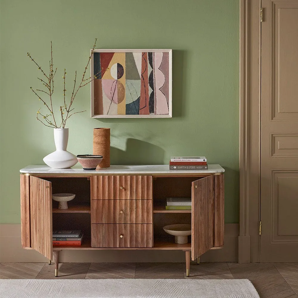 Flute Marble Sideboard with Storage - White, Acacia Wood alternate view