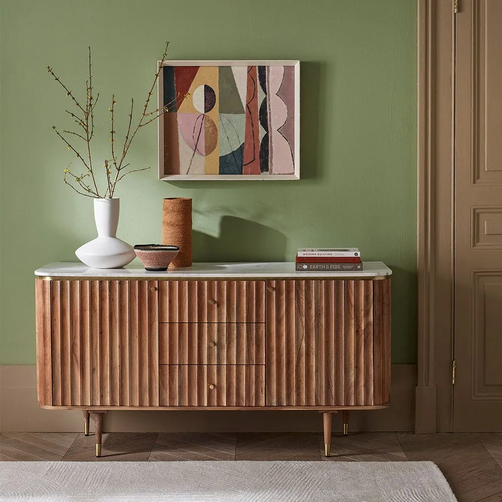 Flute Marble Sideboard with Storage - White, Acacia Wood product