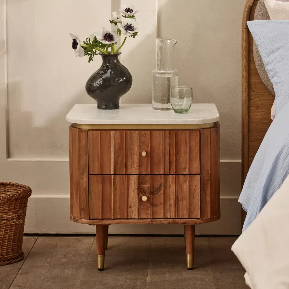 Flute Two Drawer Bedside Table - White, Marble product