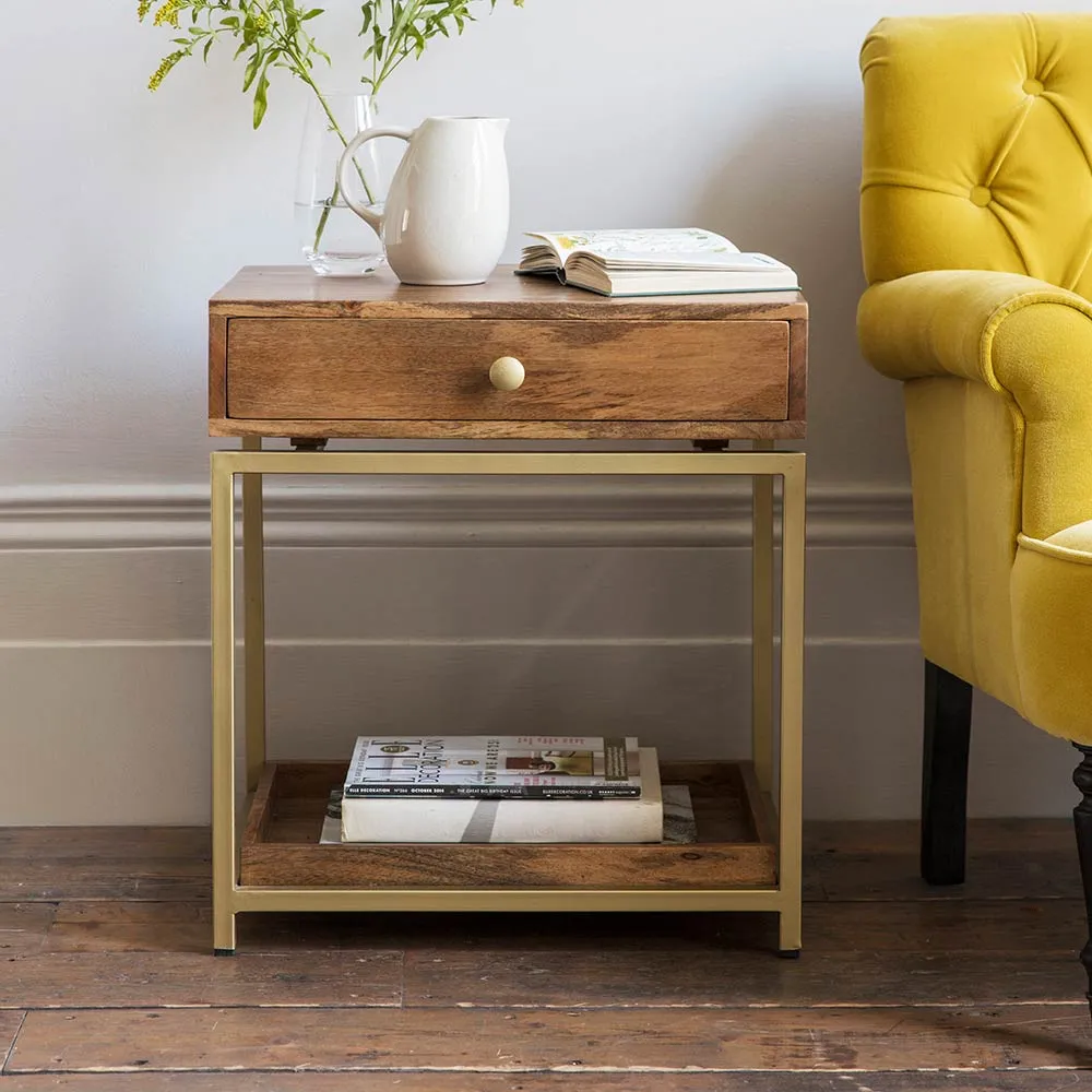 Henley Side Table with Drawer - Mango Wood, Brass image