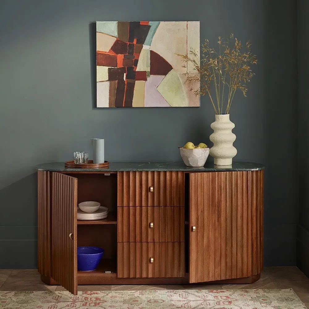 Jude Fluted Marble Sideboard - Green, Mango Wood image