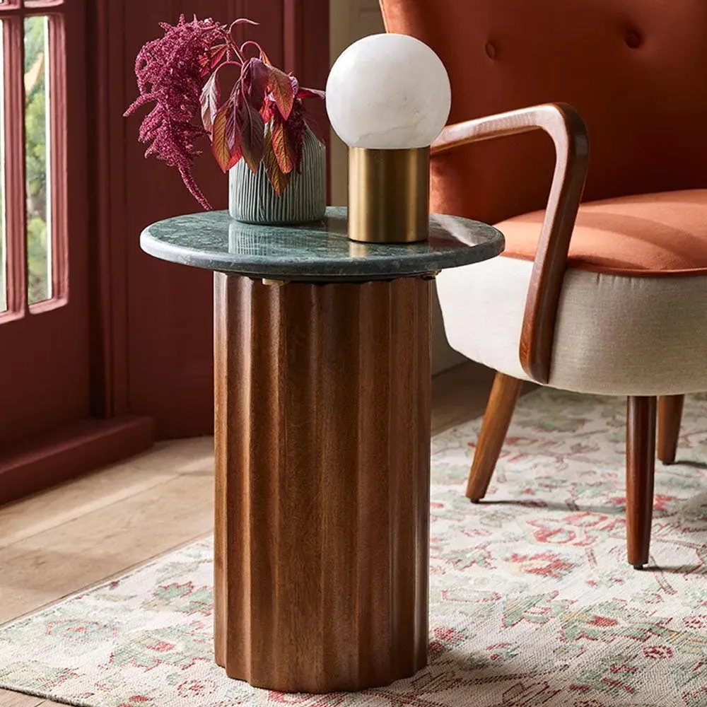 Jude Fluted Round Side Table - Green Marble, Mango Wood image