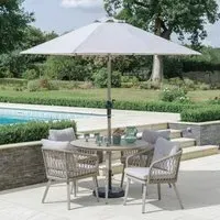Lauren 4 Seat Round Dining Set with Parasol - Wood Effect