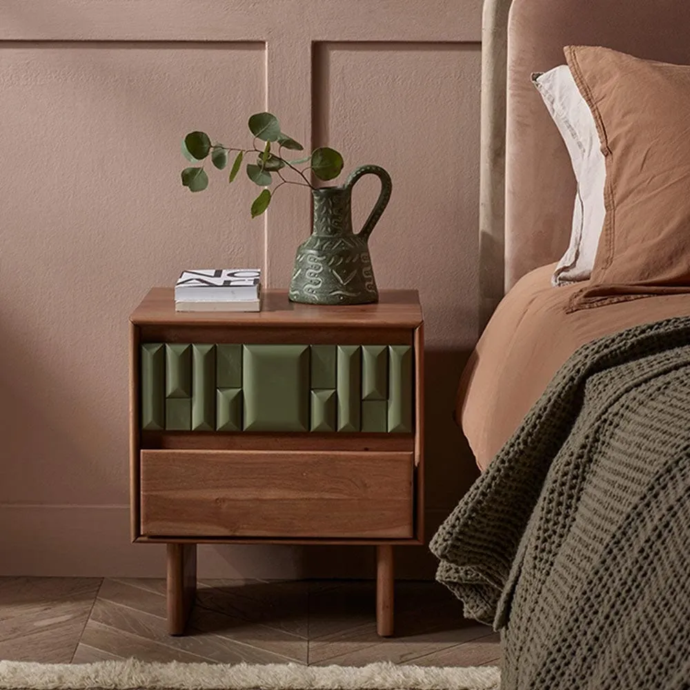 Lisbon Bedside Table with Drawers - Olive Green, Acacia Wood image