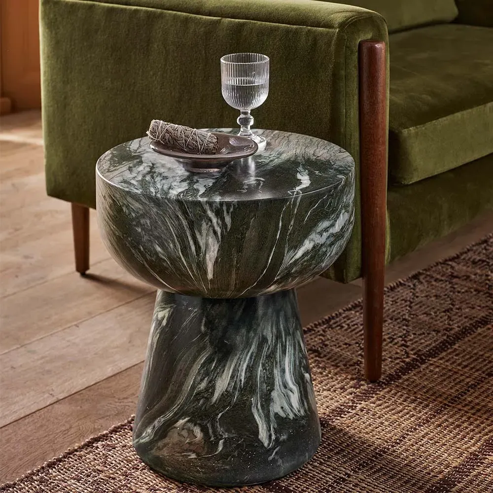 Lucy Round Side Table - Green, Marble-Effect Concrete image