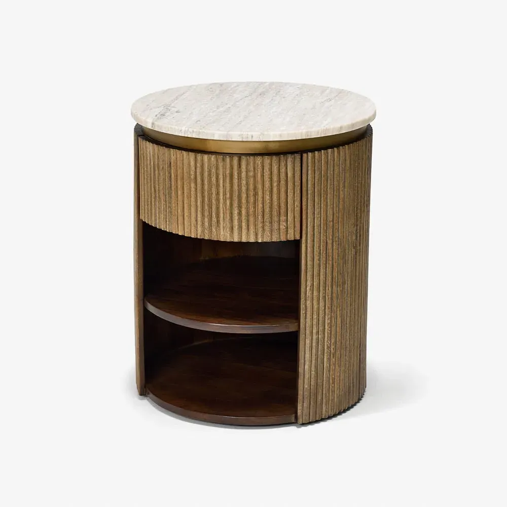 Rondo Bedside Table with Drawer and Cabinet - Marble, Mango Wood alternate view