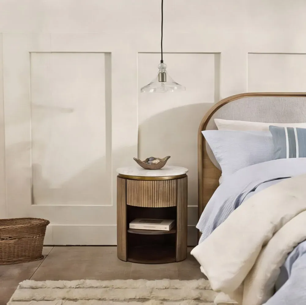 Rondo Bedside Table with Drawer and Cabinet - Marble, Mango Wood product