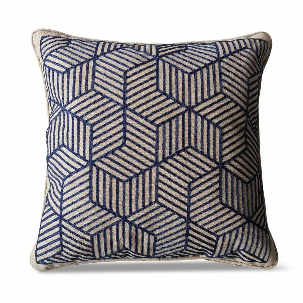 Square Scatter Cushion with Embroidered Stripes - Blue