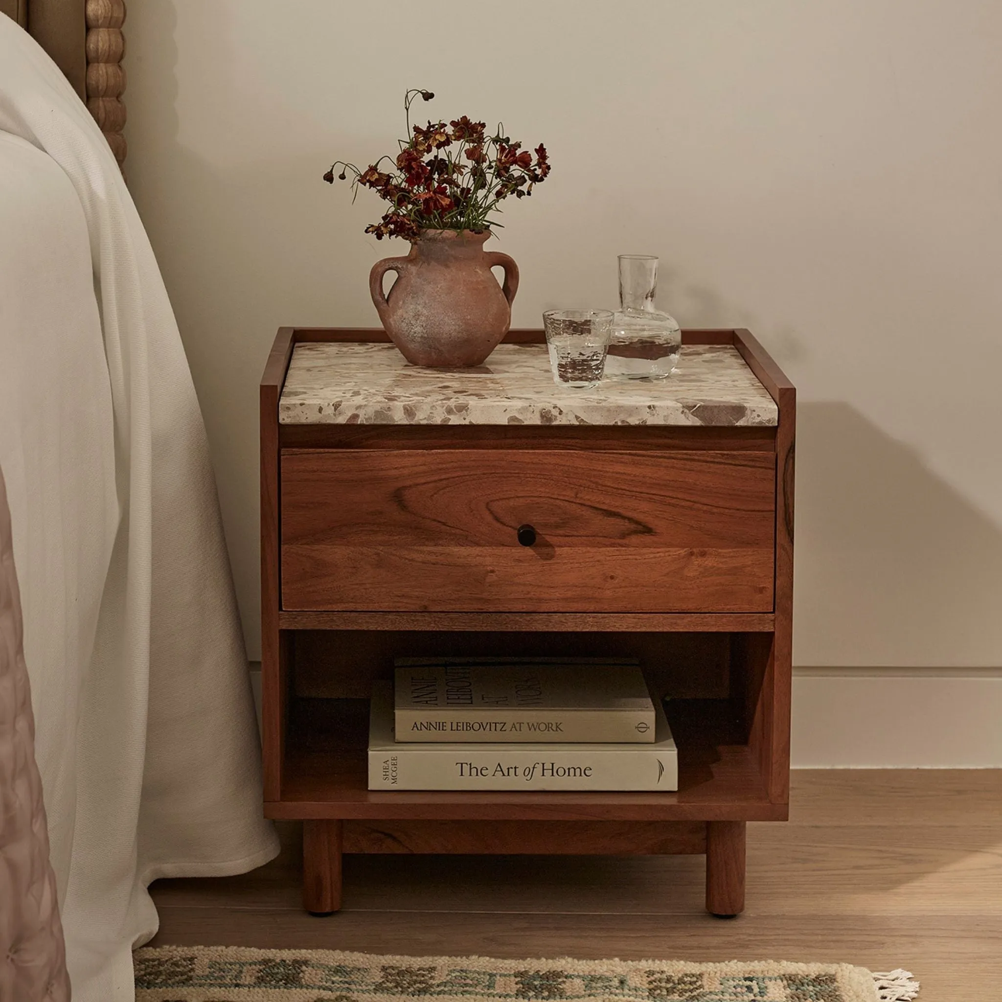 Brera Bedside Table with Drawer - Acacia, Panther Marble by Atkin and Thyme