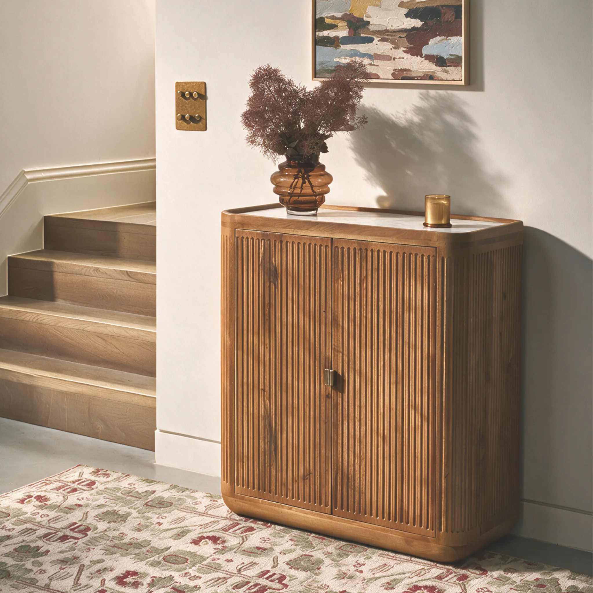 Claris Fluted Drinks Cabinet with Marble Top - Honey, Mango Wood by Atkin and Thyme