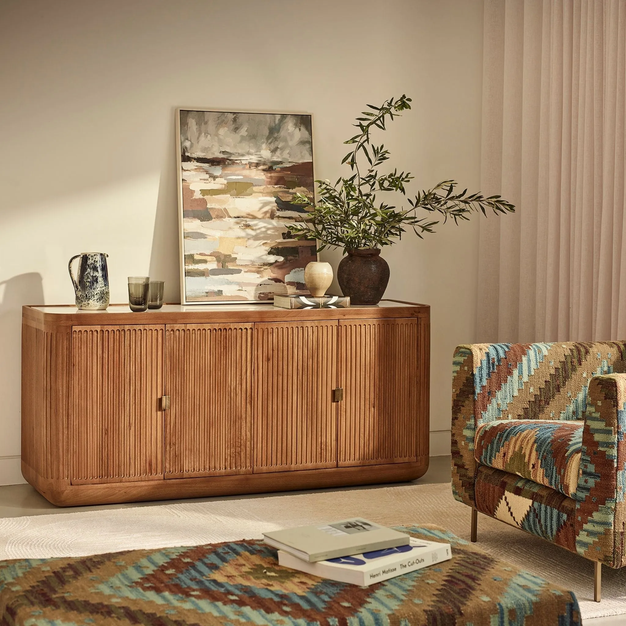 Claris Fluted Sideboard with Storage - White Marble, Mango Wood by Atkin and Thyme