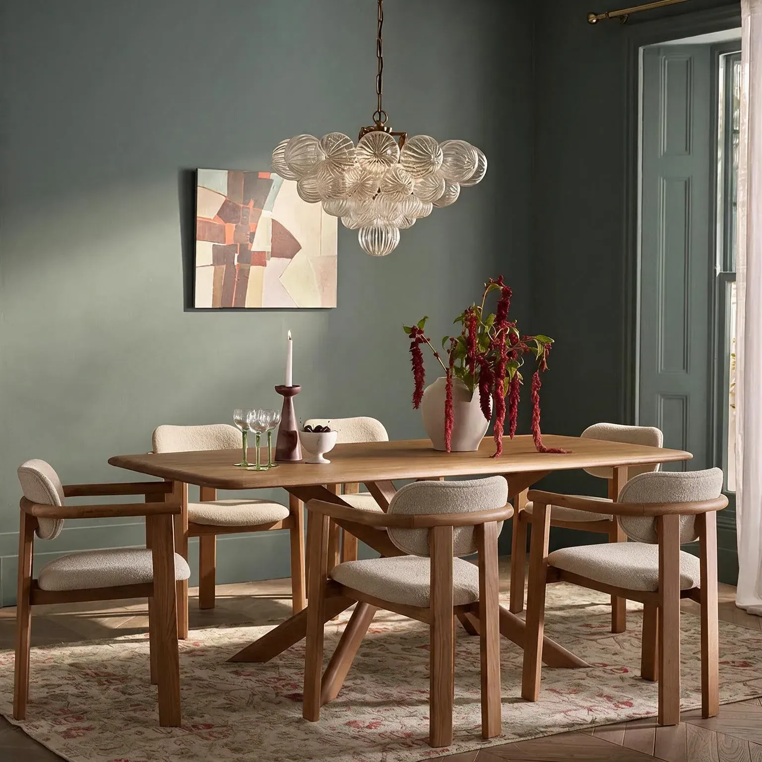 Cruz Oak Dining Table and 6 Cora Dining Chair Set - Neutral Bouclé by Atkin and Thyme