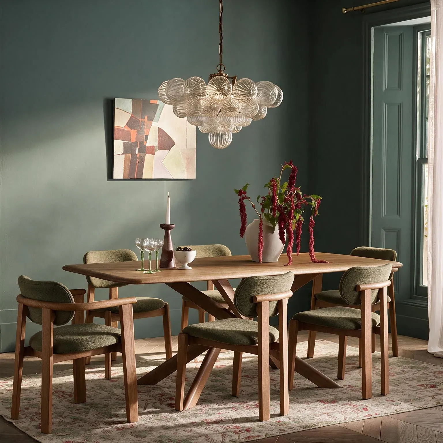 Cruz Oak Dining Table and 6 Cora Dining Chair Set - Olive Bouclé by Atkin and Thyme