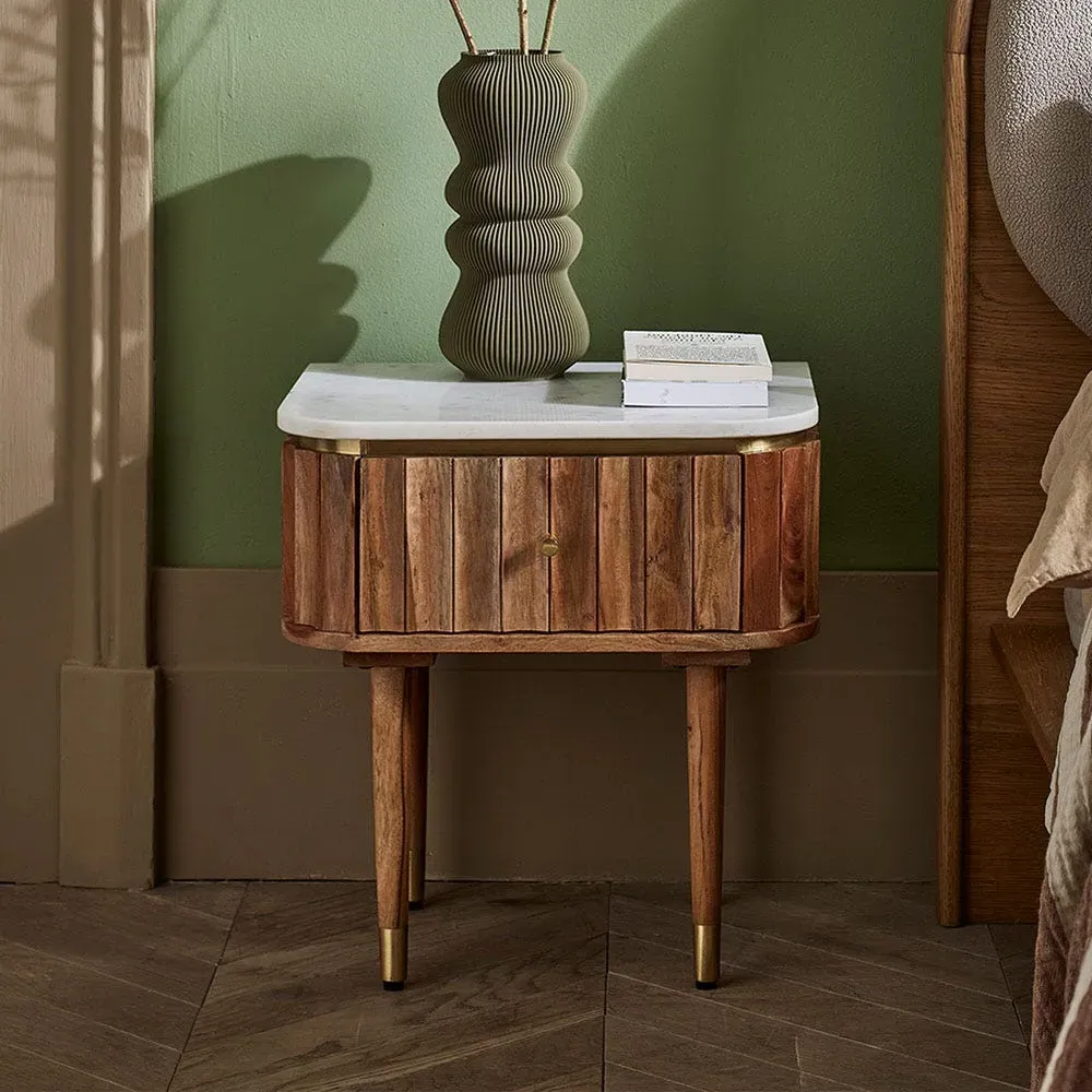 Flute Marble Bedside Drawer - Natural, Acacia Wood by Atkin and Thyme