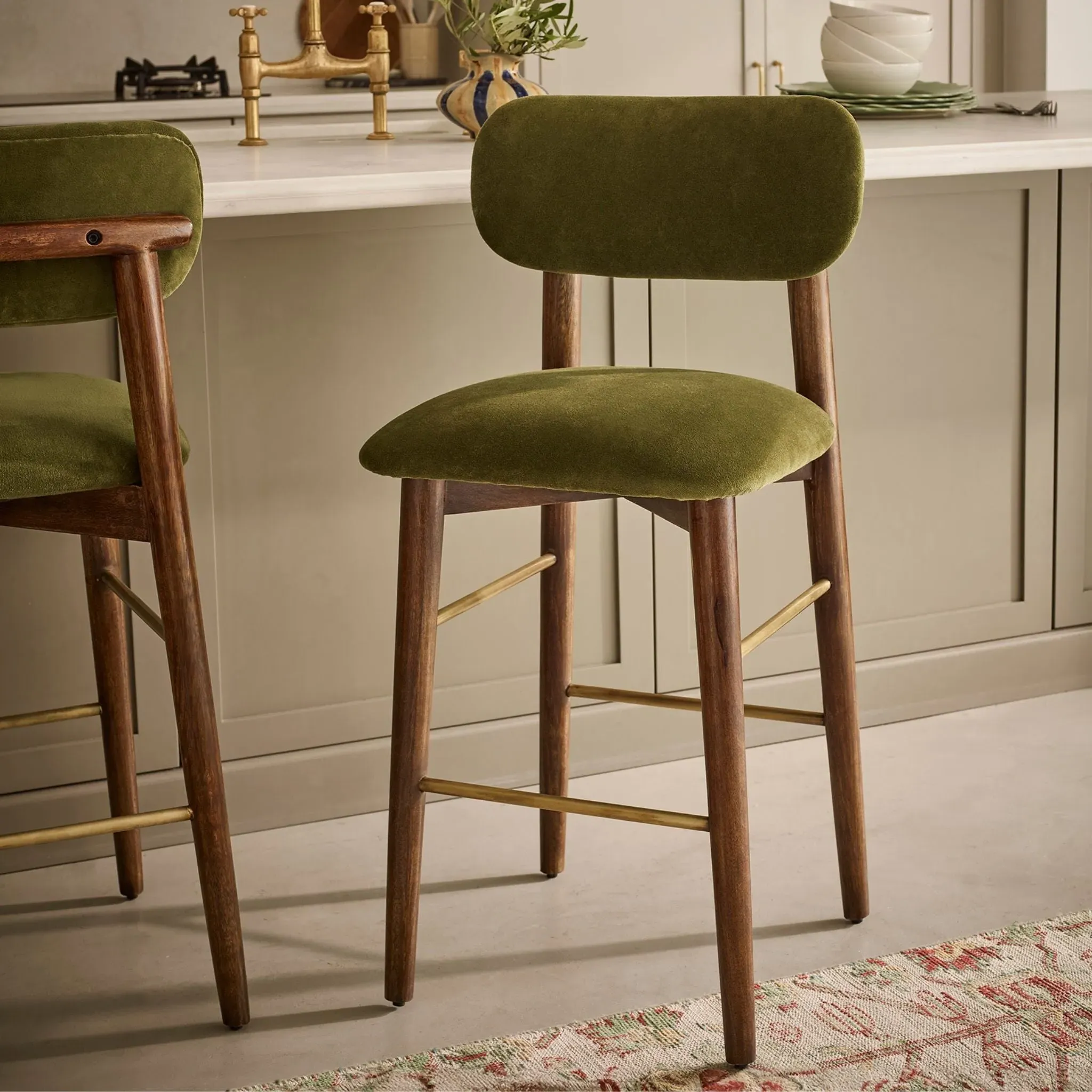 Layla Bar Stool - Deep Green, Velvet by Atkin and Thyme
