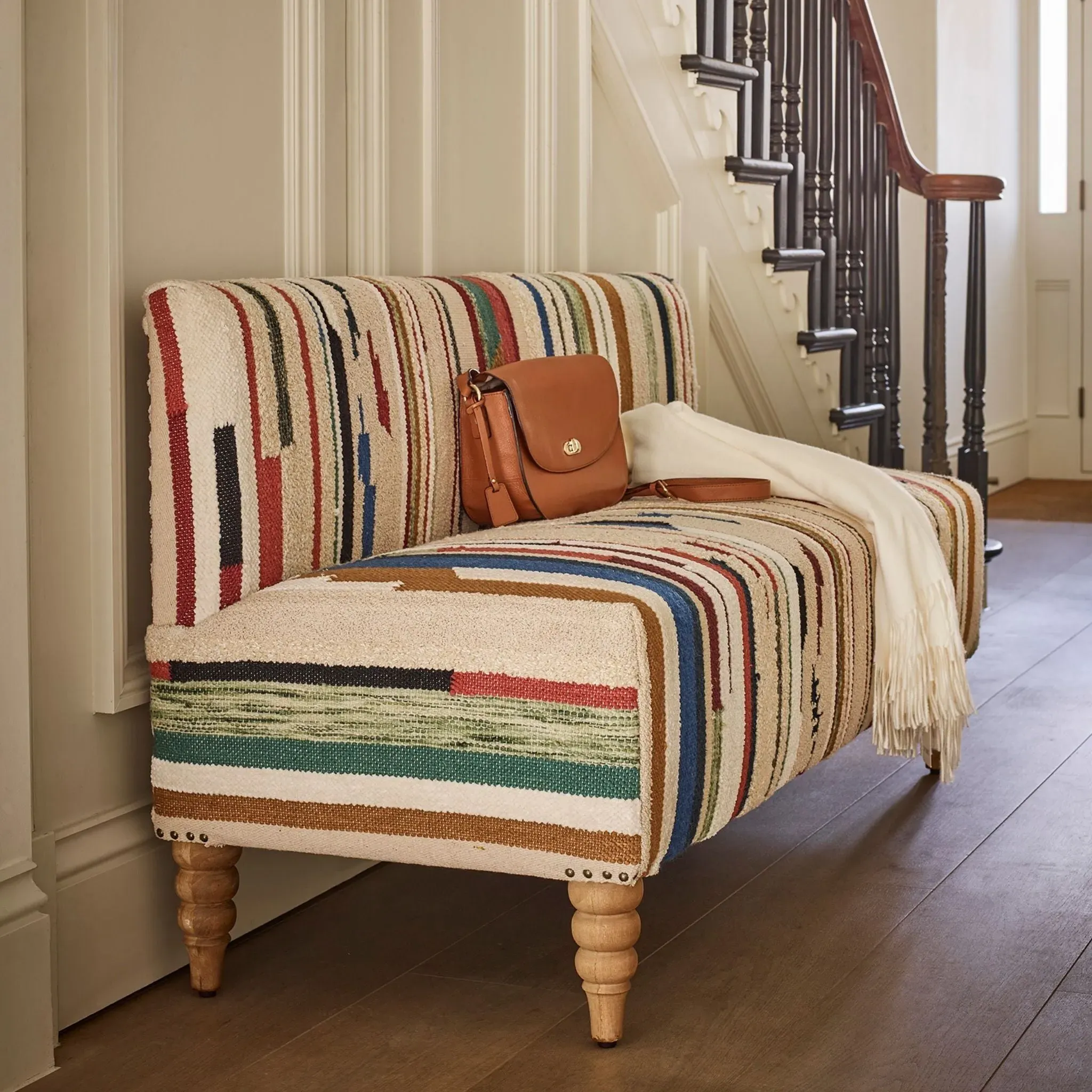 Maevis 3-Seater Upholstered Bench - Striped Cotton by Atkin and Thyme