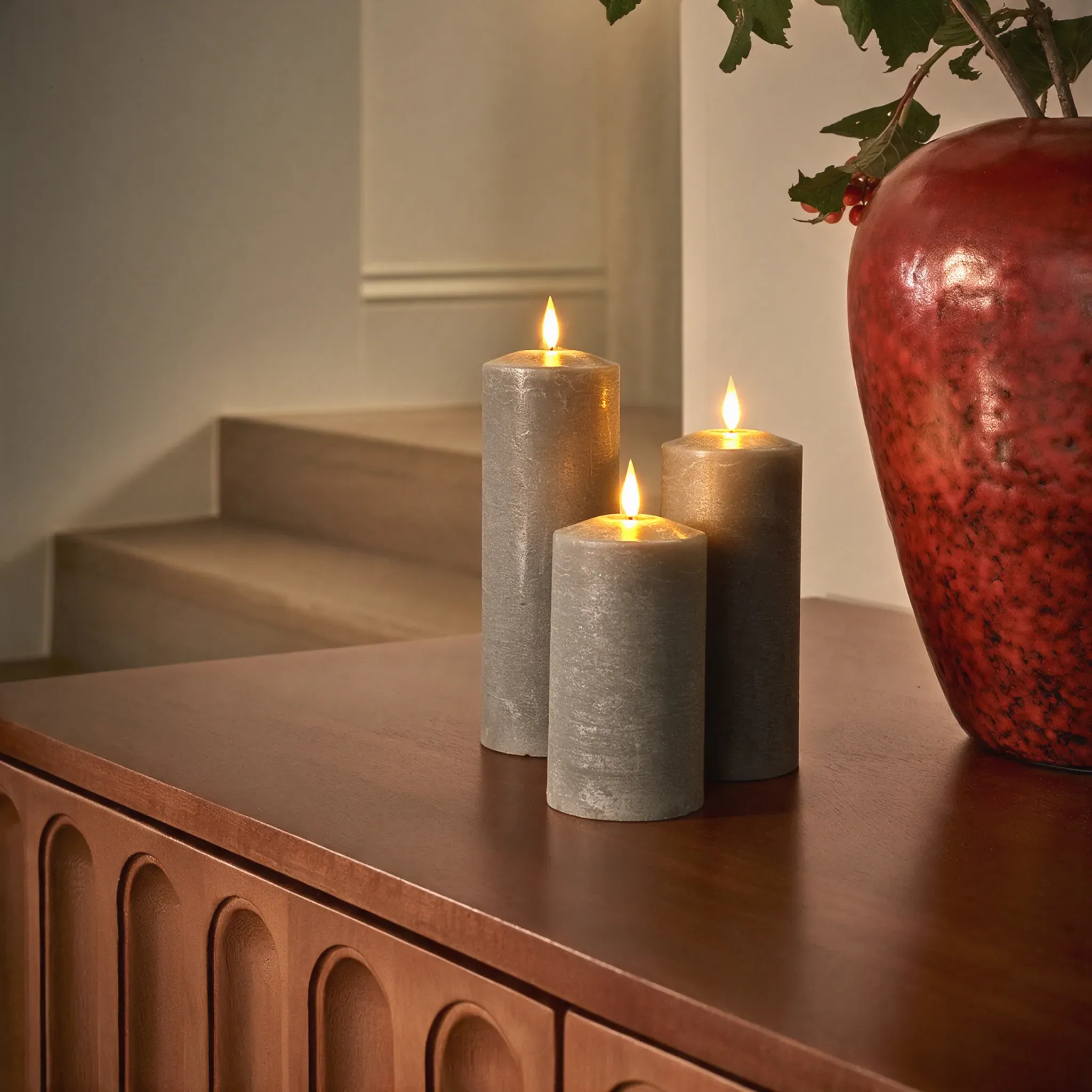 Alderbrook Set of 3 Large LED Pillar Candles - Pewter by Atkin and Thyme