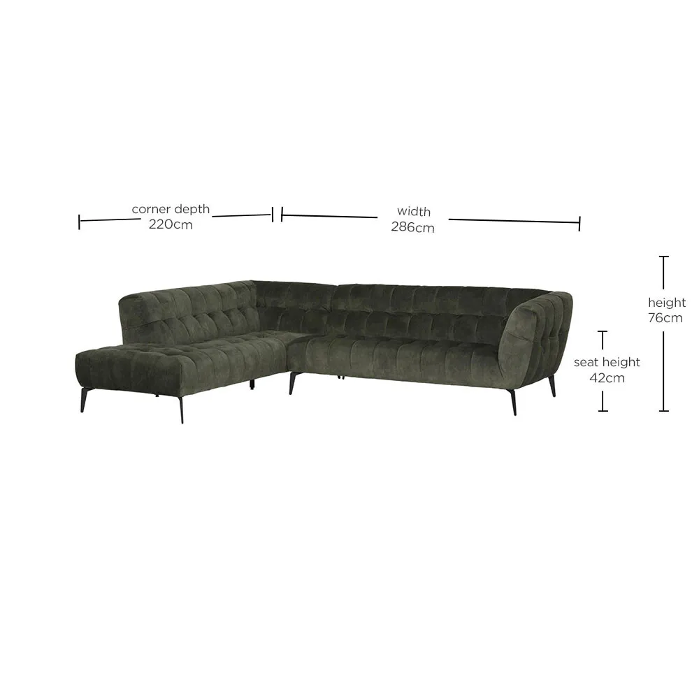 Azalea Left Corner Sofa with Chaise - Green, Fabric