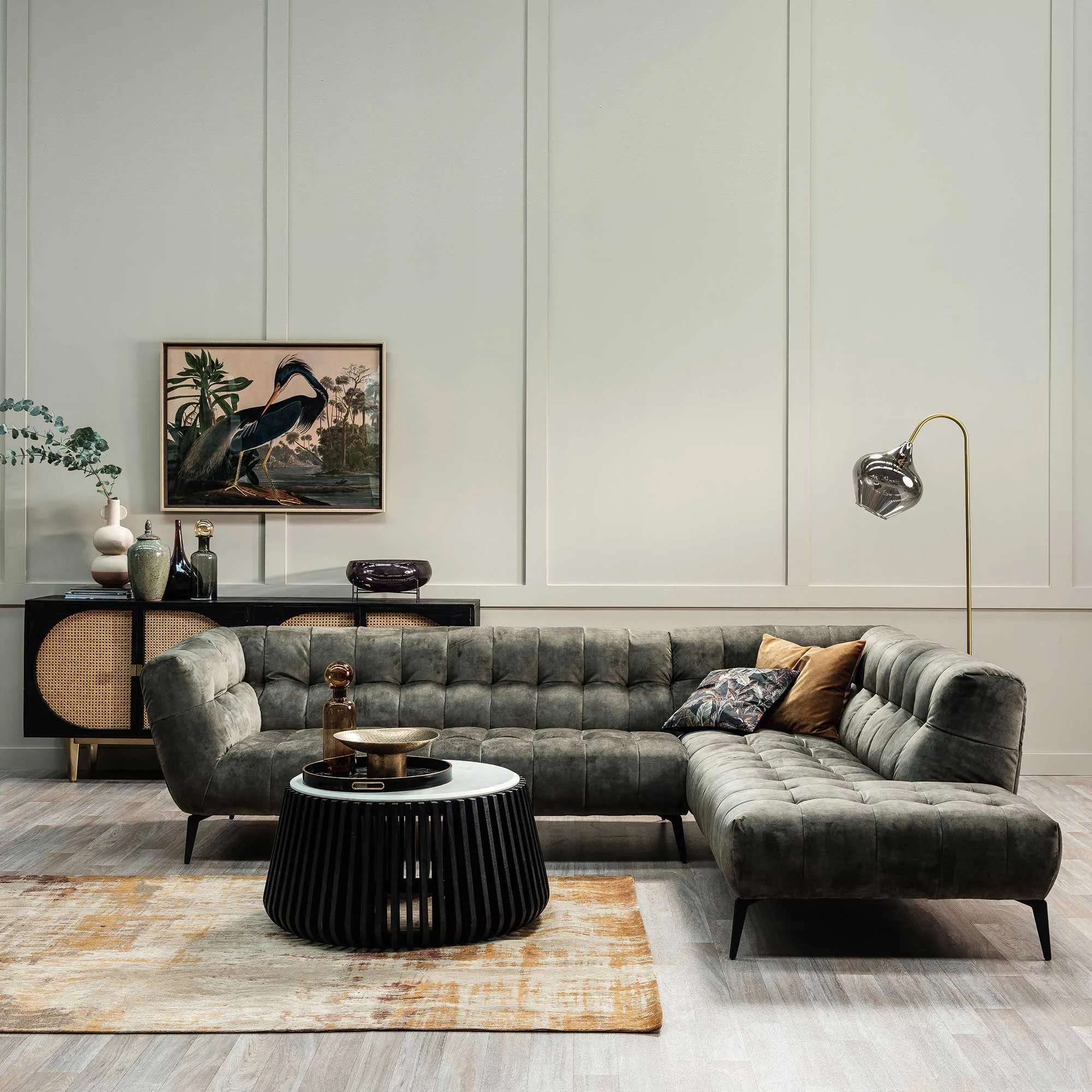 Azalea Right Corner Sofa with Chaise - Green, Fabric