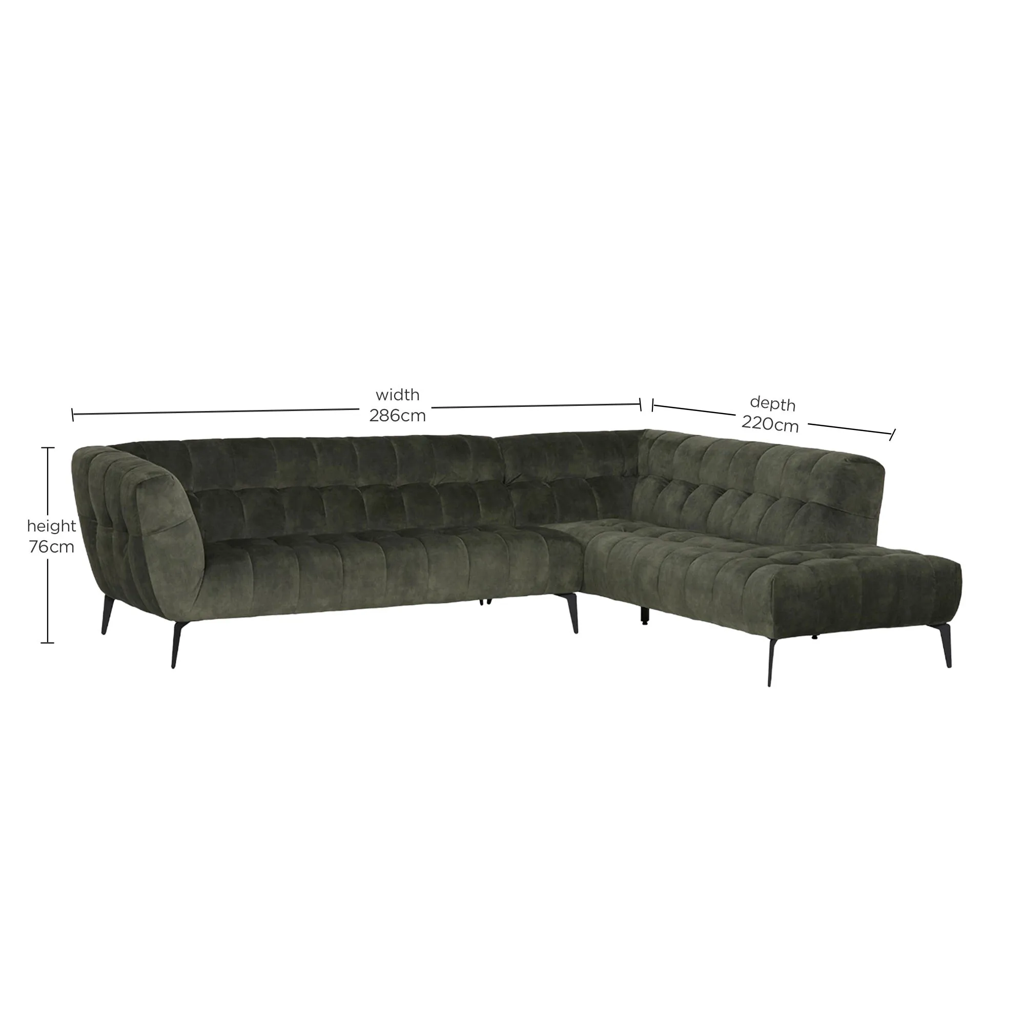 Azalea Right Corner Sofa with Chaise - Green, Fabric
