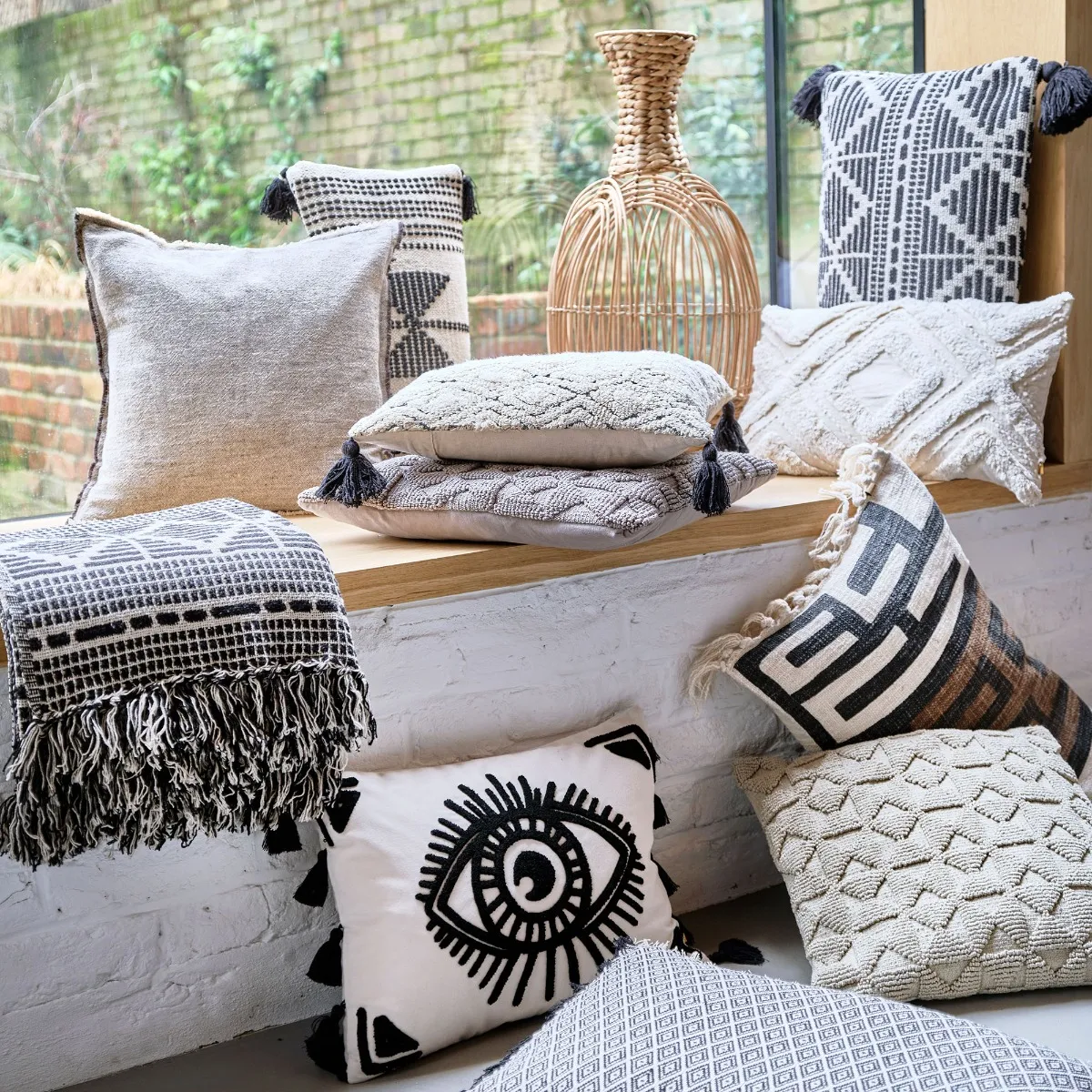 Black Diamond Square Tassel Cushion - Black, Fabric