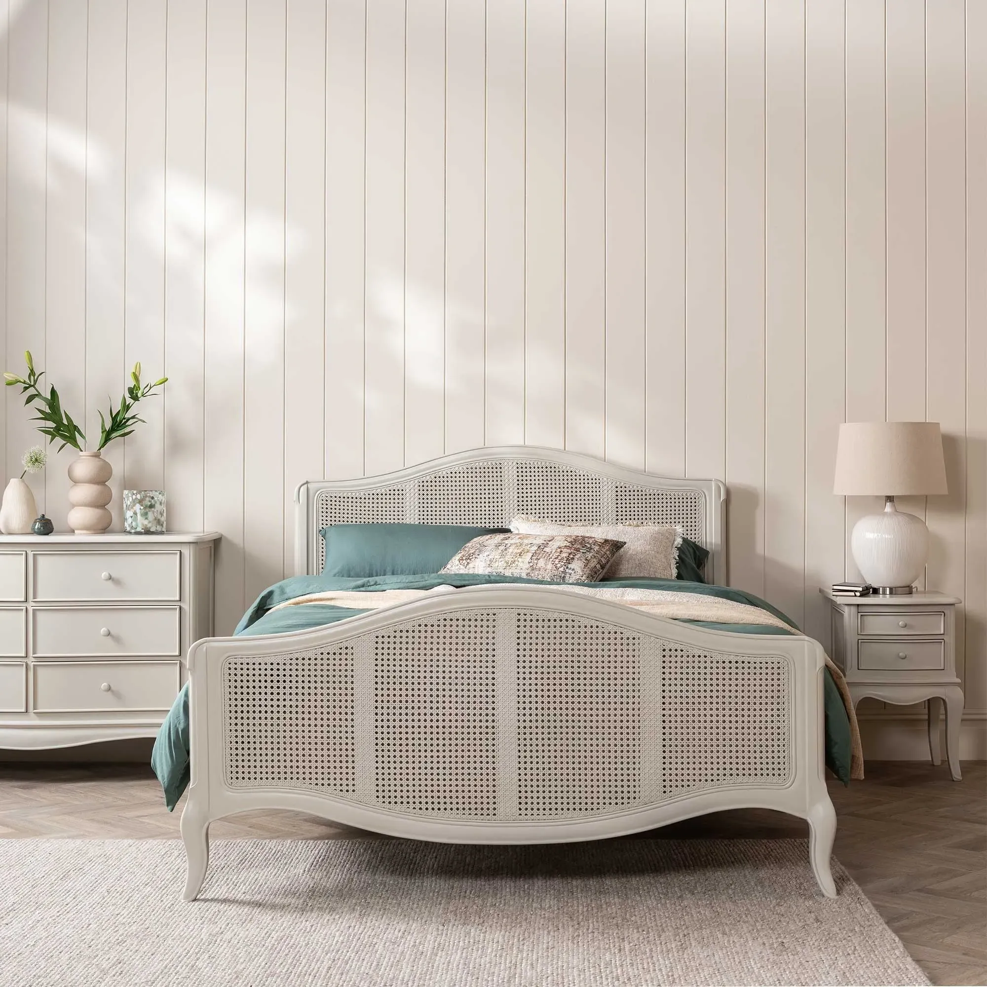 Calista Double Bed Frame - White, Mahogany Wood