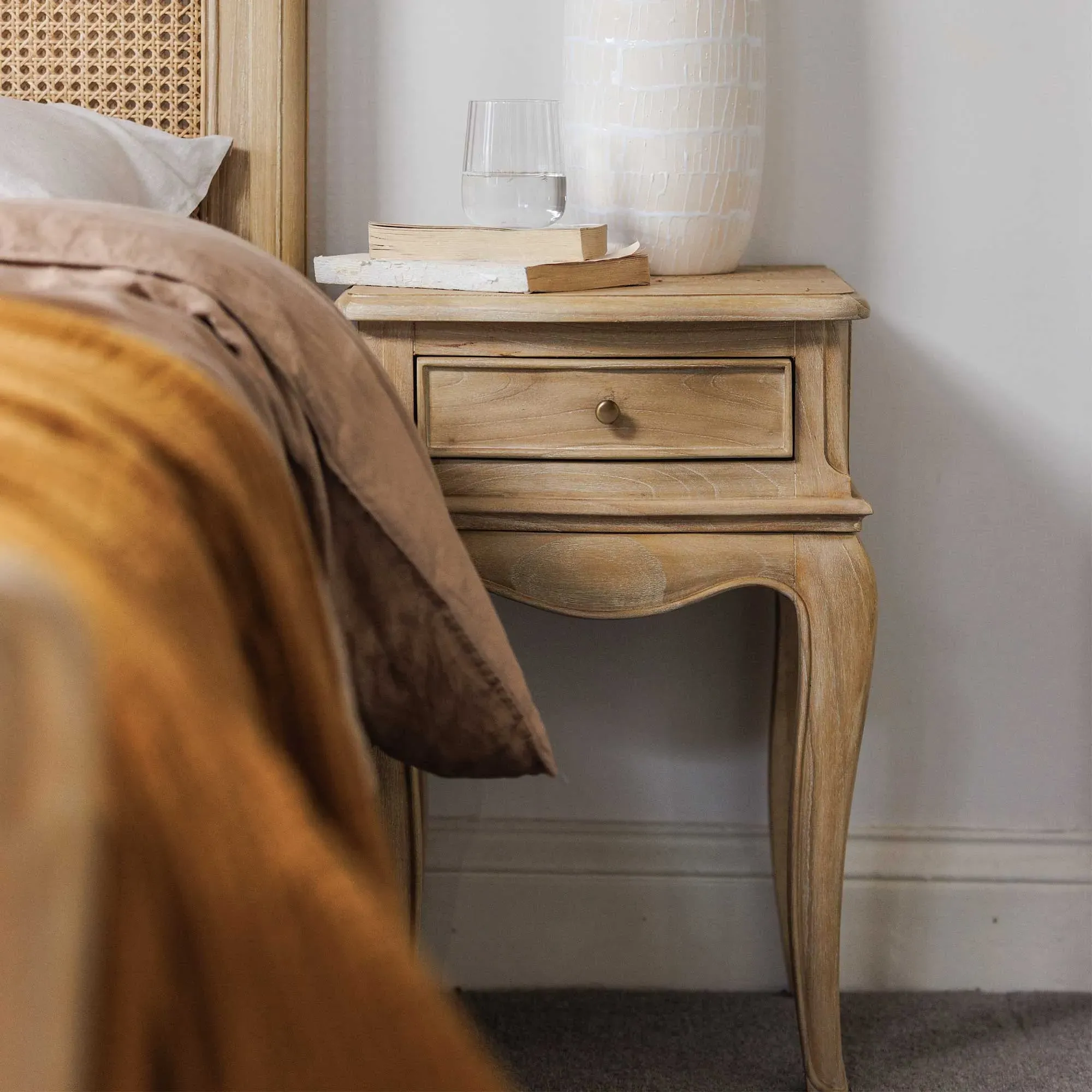 Cecile 1 Drawer Curved Leg Bedside Table - Neutral, Wood