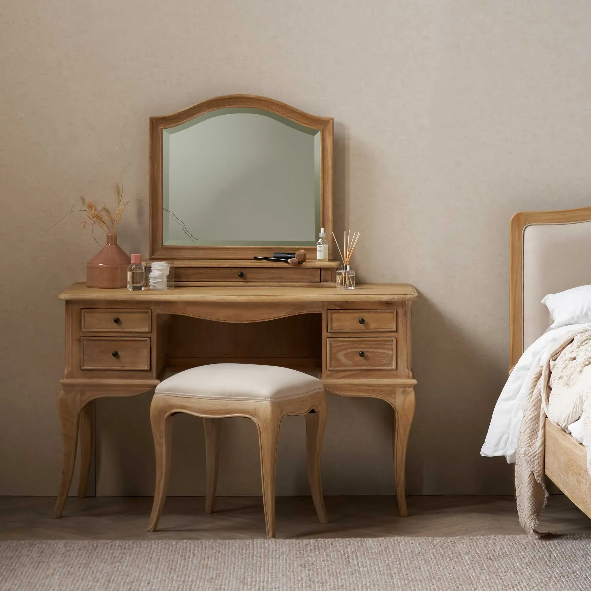 Cecile Upholstered Stool - Neutral, Mindi Wood