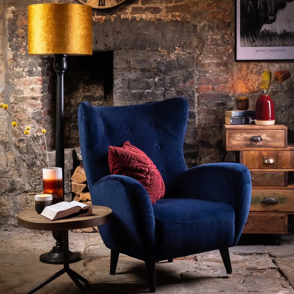 Delon Wing Chair - Navy, Fabric