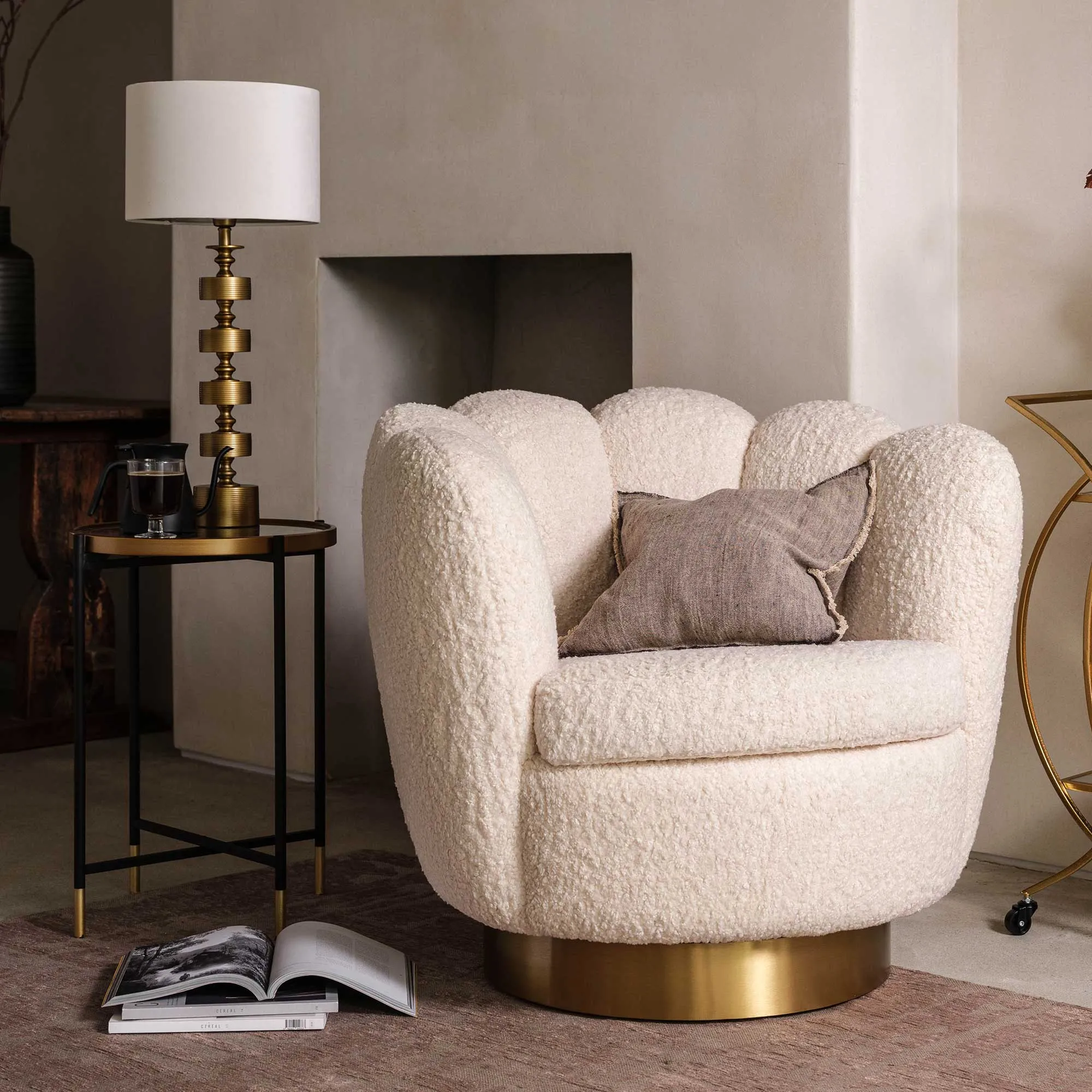 Eichholtz Mirage Swivel Armchair - White, Faux Shearling