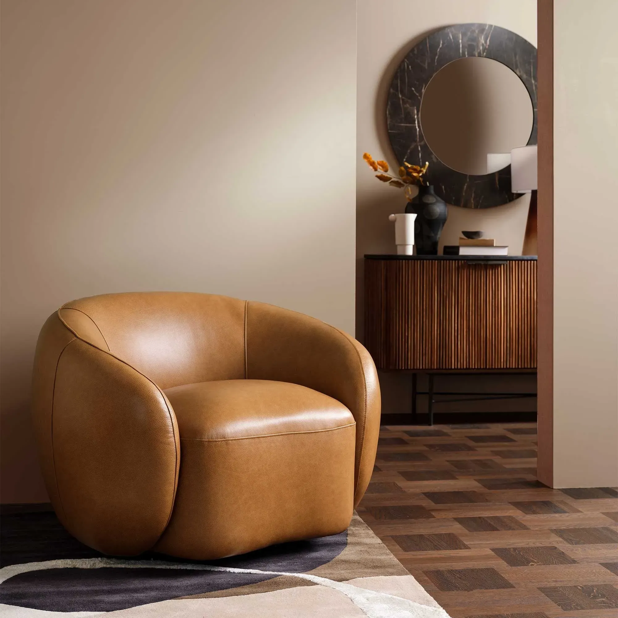 Gardin Swivel Armchair - Brown, Leather