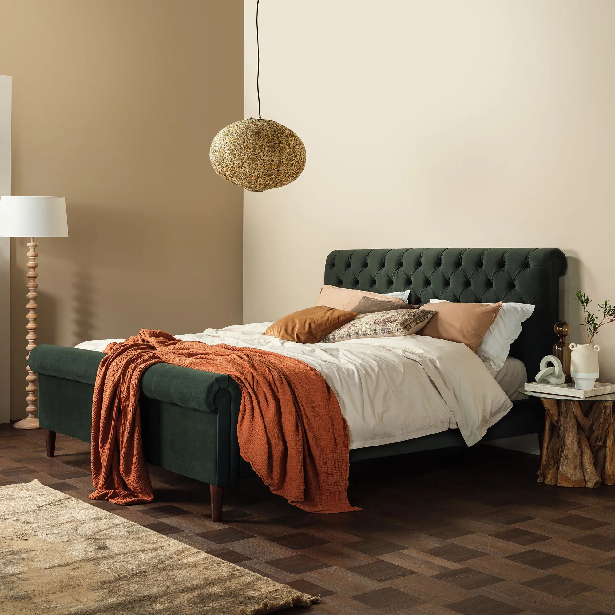 Hadley King Size Bed Frame - Green, Velvet