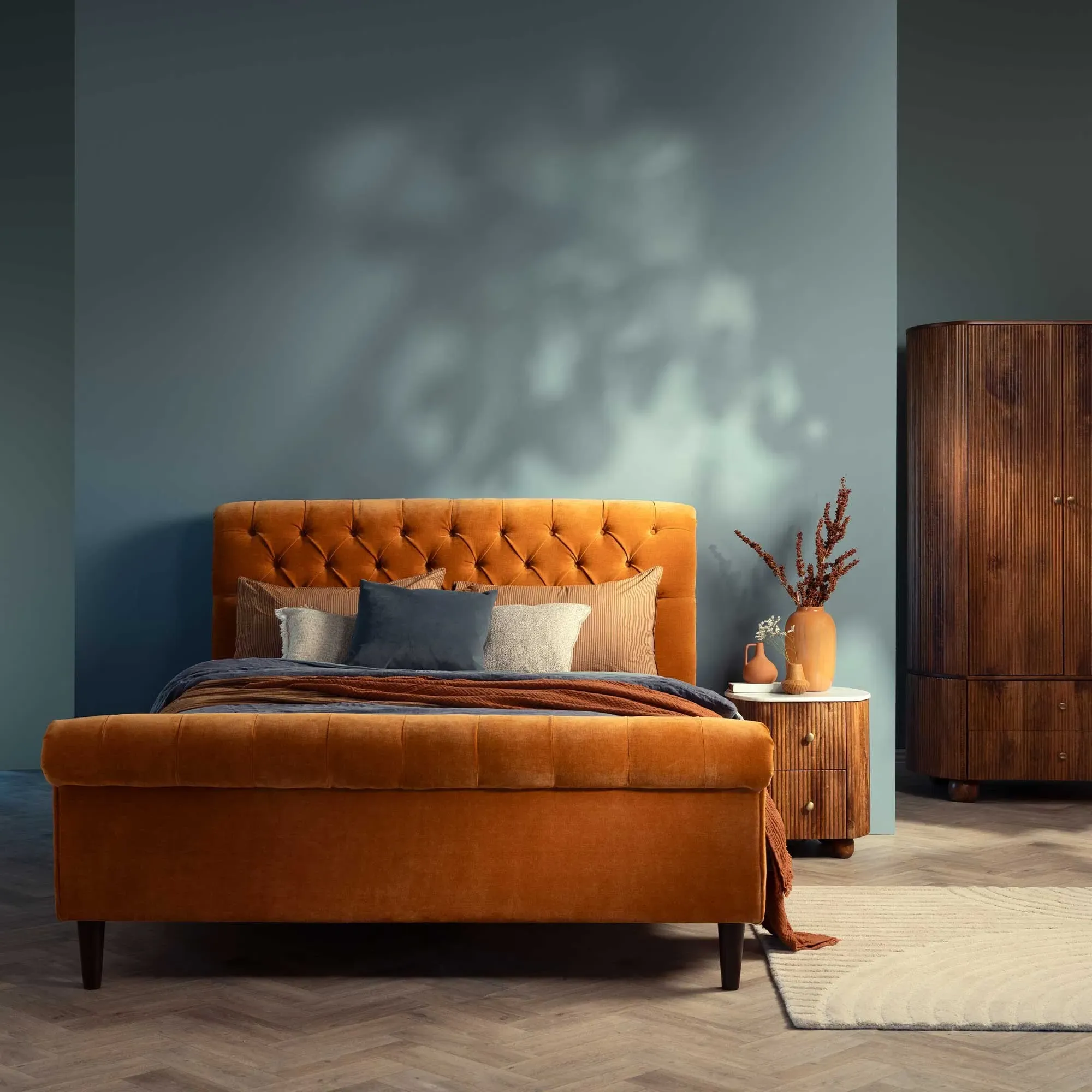 Hadley King Size Bed Frame - Orange, Velvet