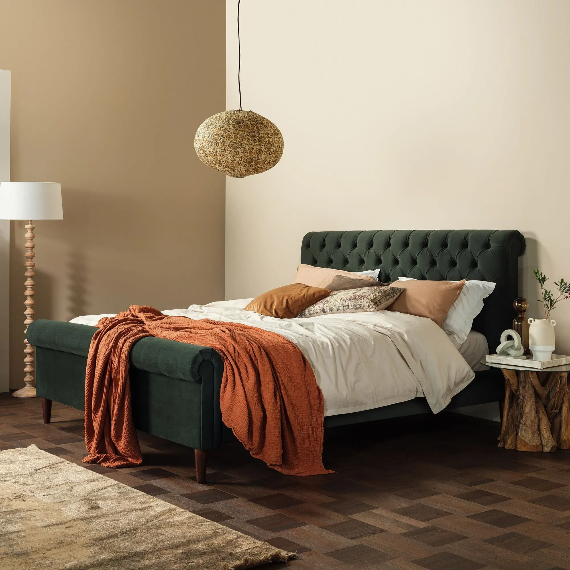 Hadley Super King Bed Frame - Green, Velvet