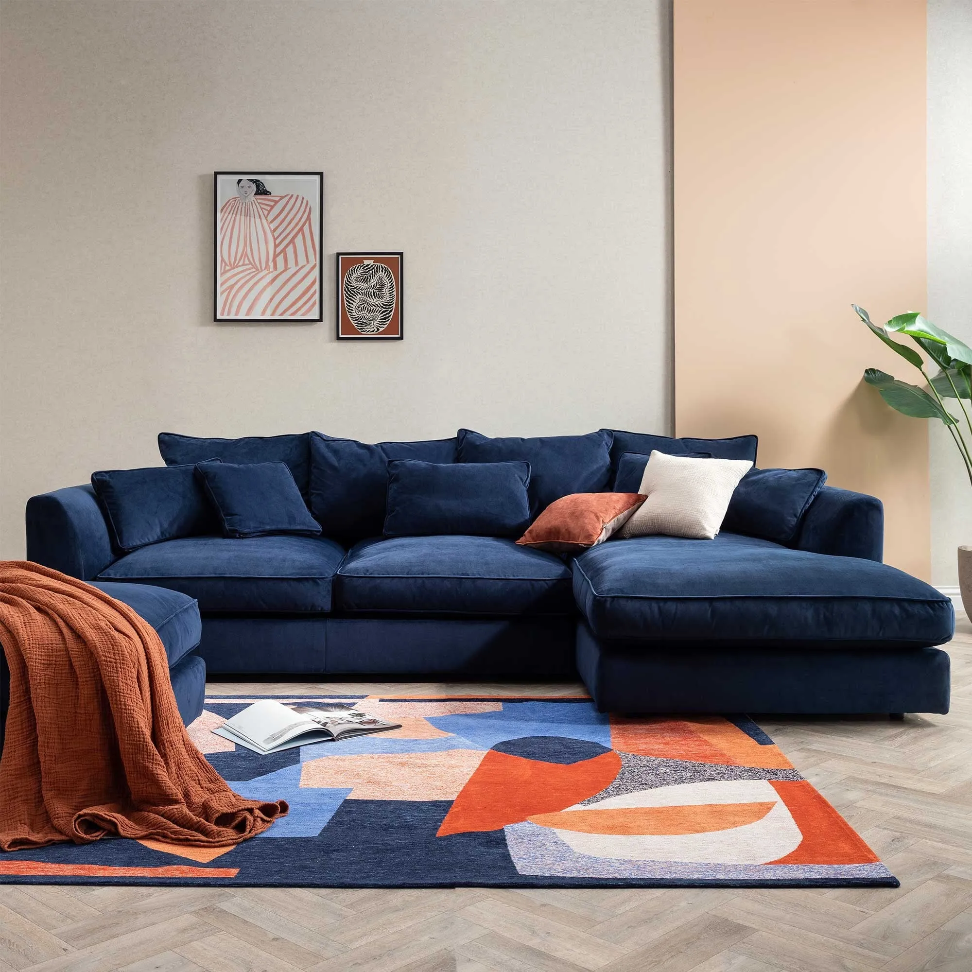 Harrington Large Chaise Corner Sofa Right - Navy, Velvet