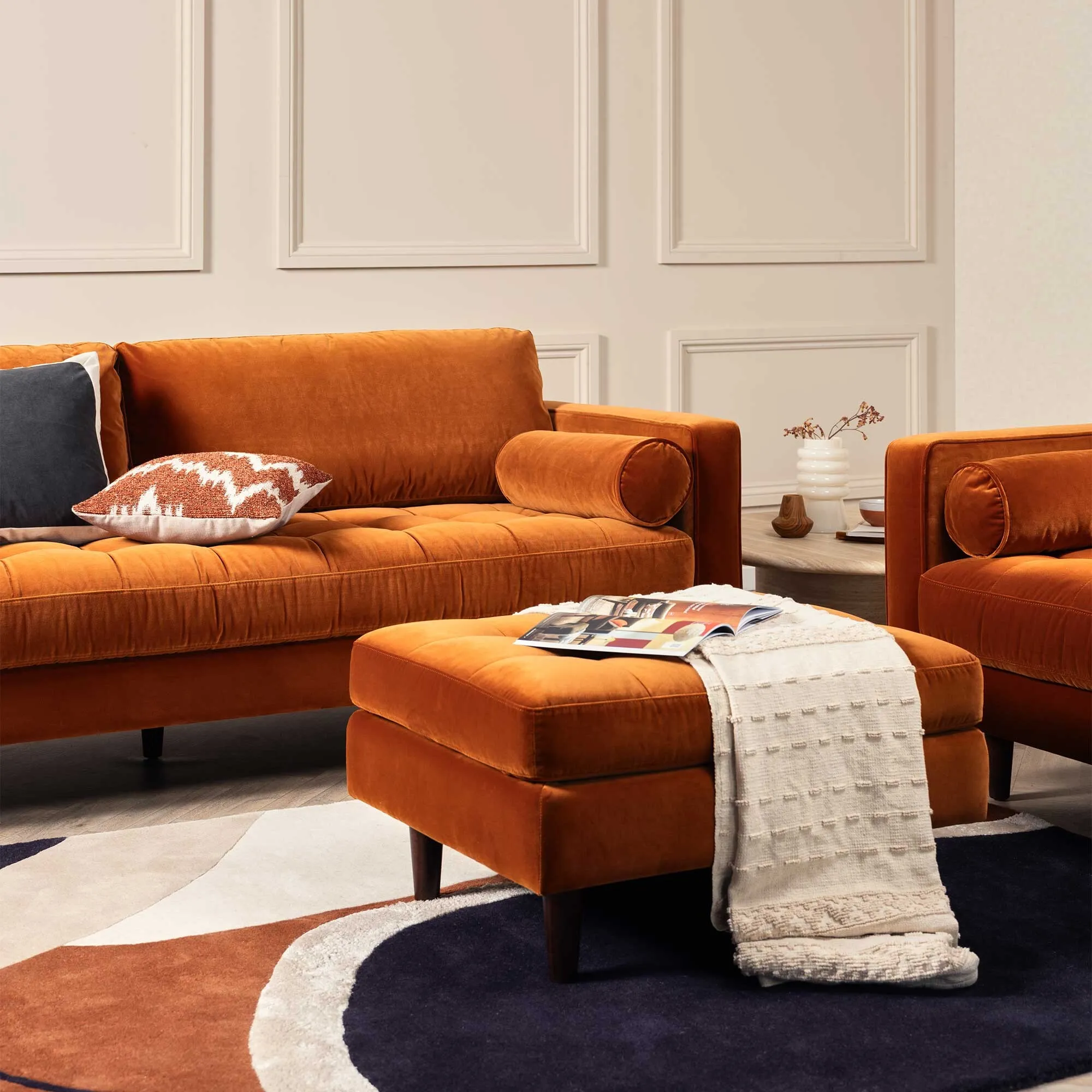 Hemingway Ottoman - Orange, Velvet