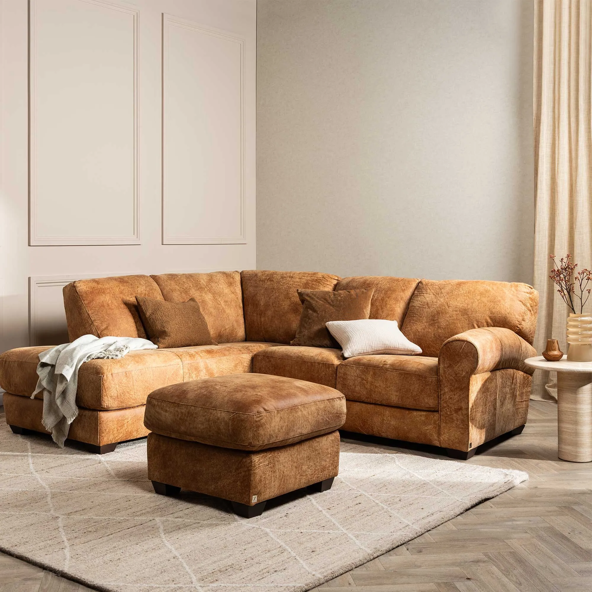 Houston Corner Chaise Sofa with Footstool - Brown, Leather