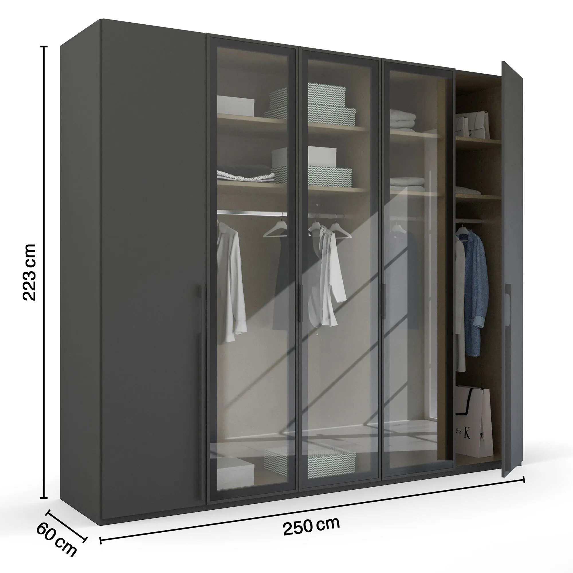 Kacey 5 Door Wardrobe with Glass Doors - Grey, Wood