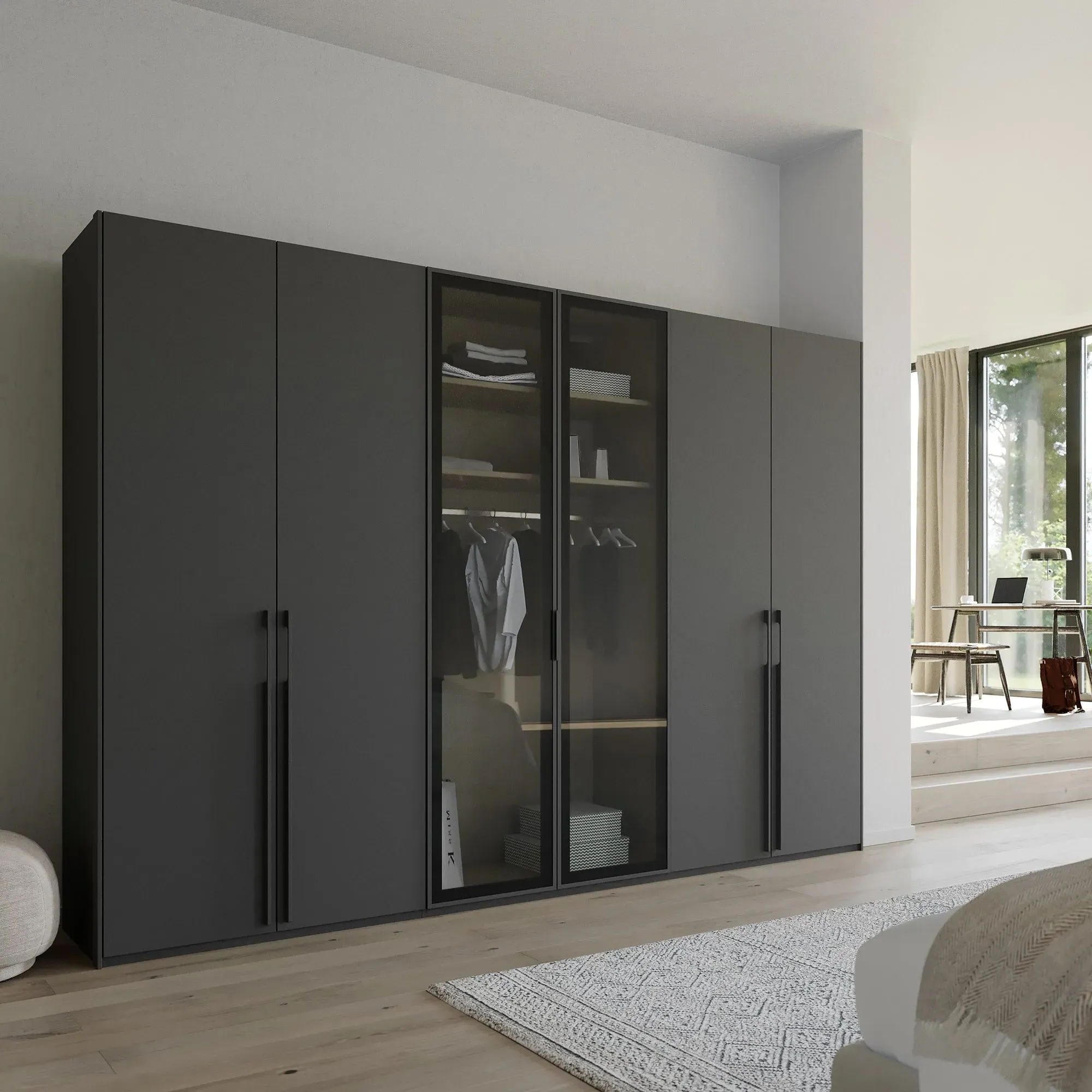 Kacey 6 Door Wardrobe with Glass Doors - Grey, Wood