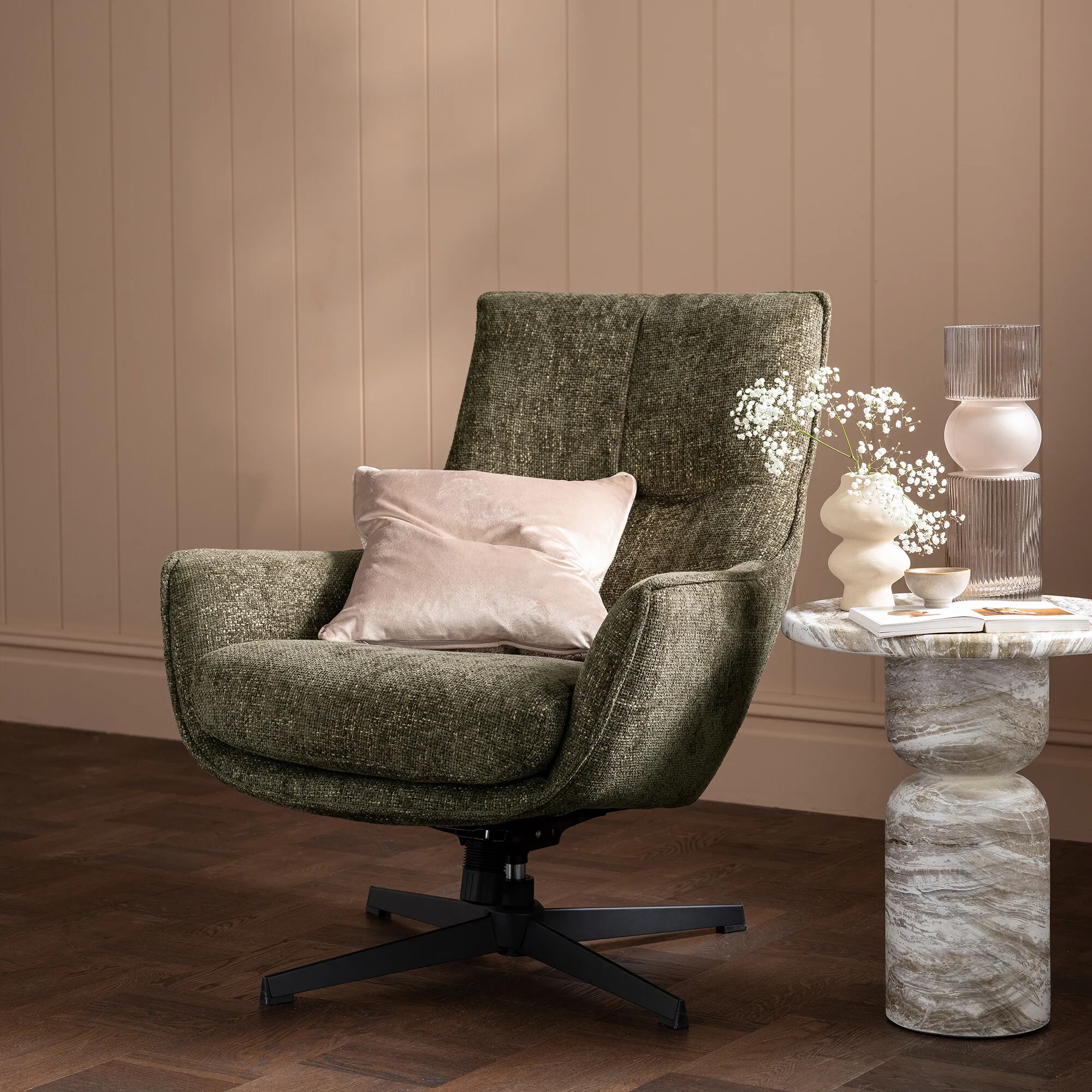 Lago Round Lamp Table - Grey, Marble