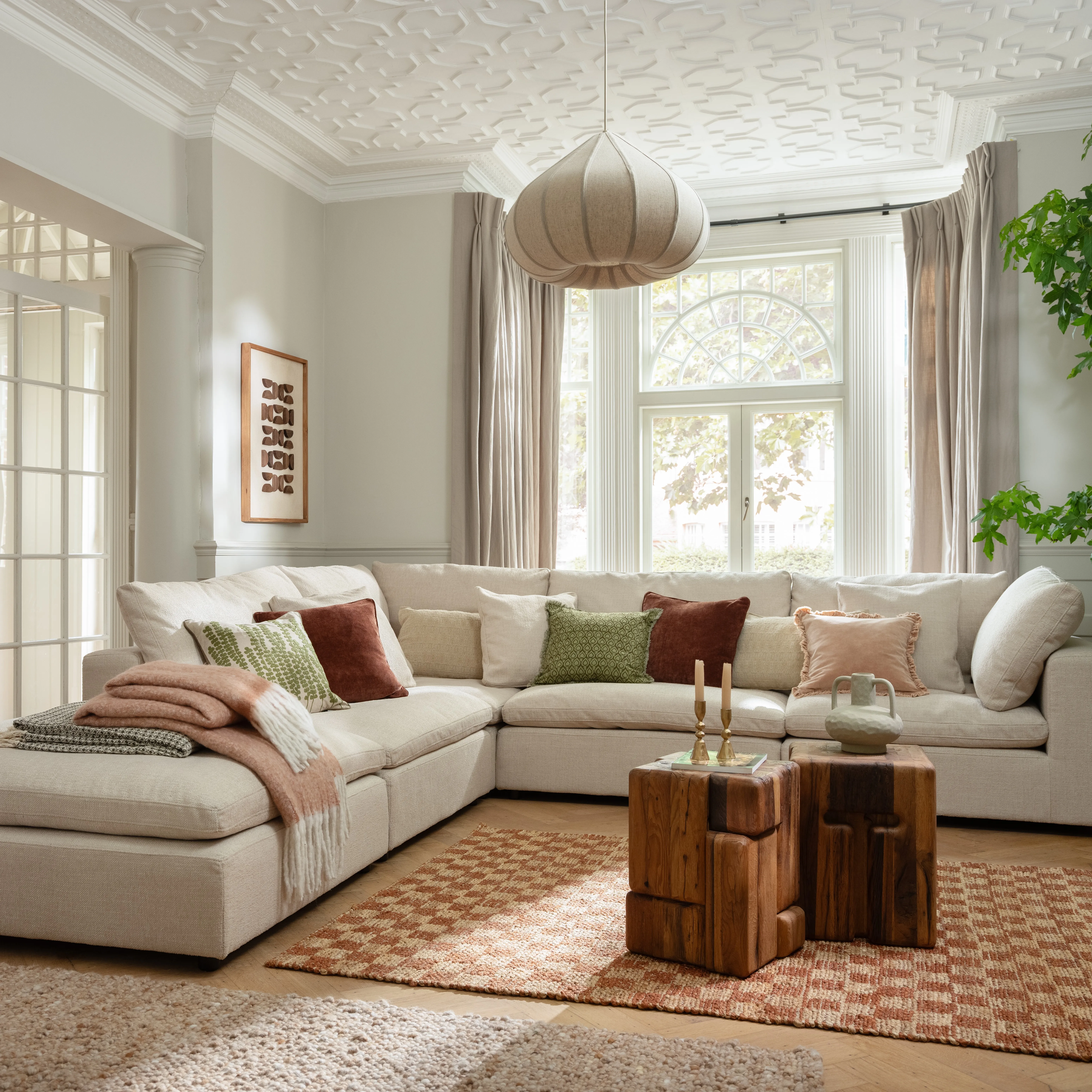 Large Curved Pendant Light - Neutral, Linen