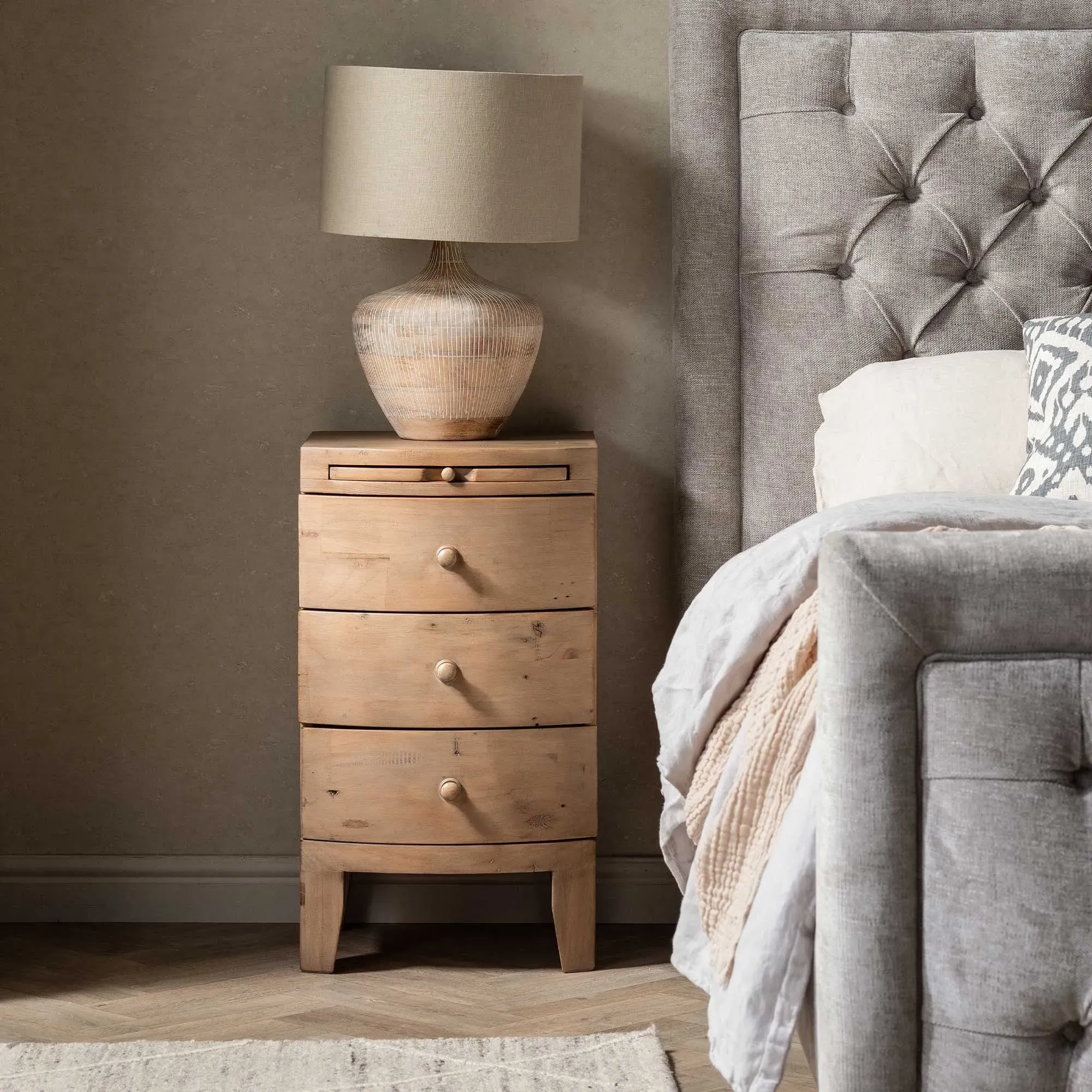 Lewes 3 Drawer Bow Front Bedside Table - Neutral, Reclaimed Wood