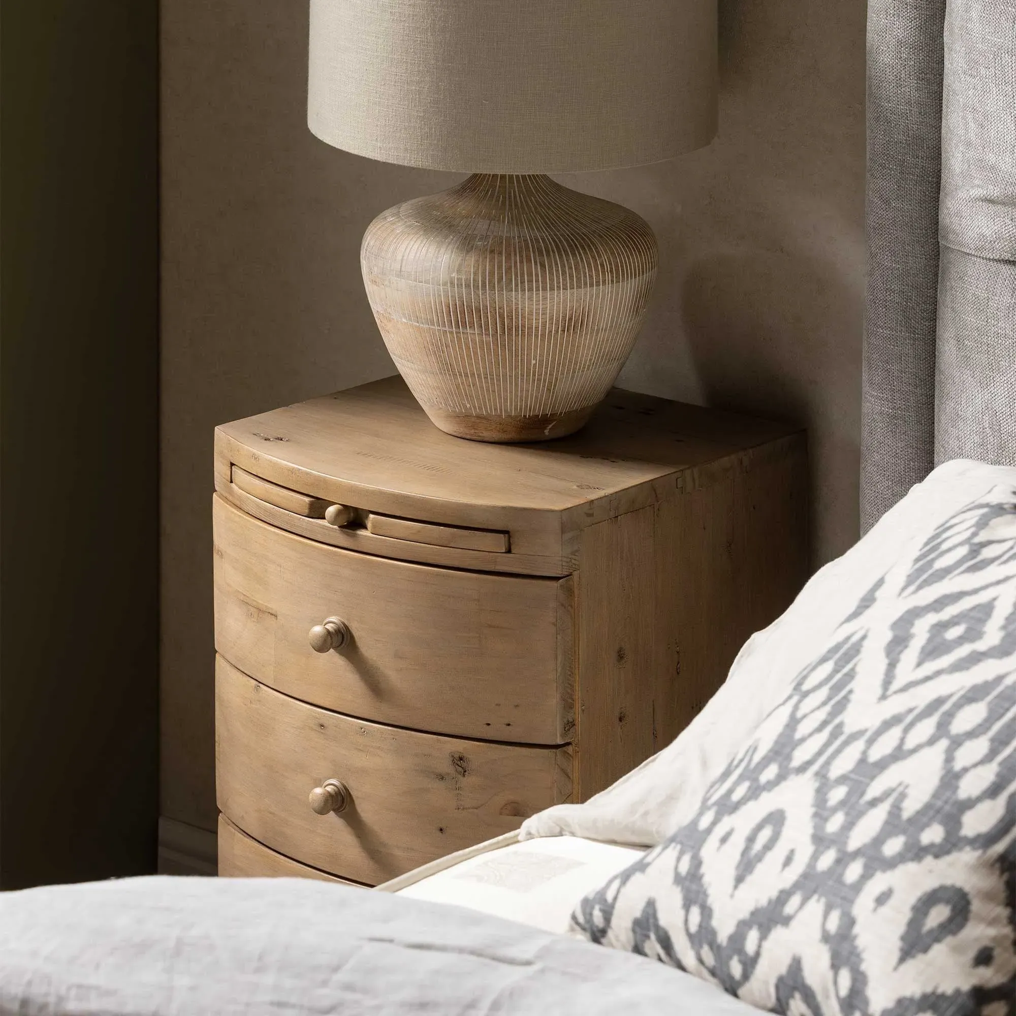 Lewes 3 Drawer Bow Front Bedside Table - Neutral, Reclaimed Wood