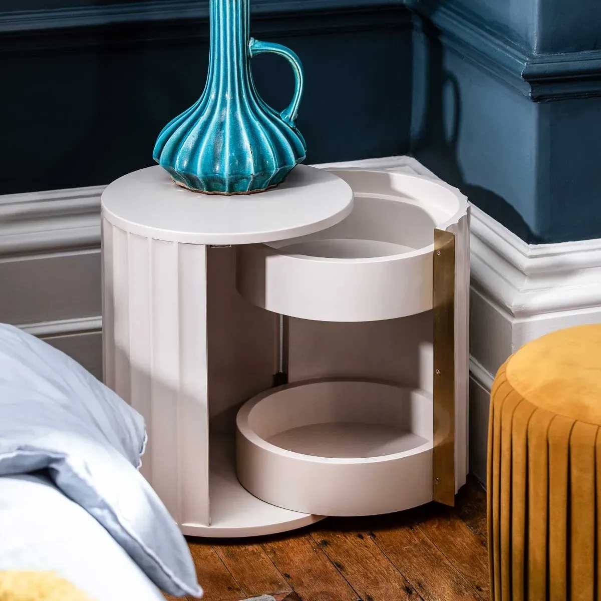 Lucia Round Bedside Table Left - Neutral, Mahogany